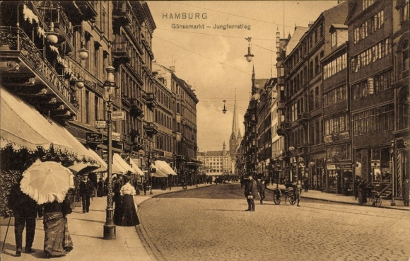 Postcard Hamburg Mitte Neustadt, Main Post Office, Oberpostdirektion, Gänsemarkt, Jungfernstieg, Street view