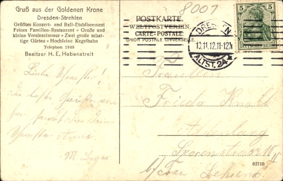 Postcard Dresden Strehlen, Gasthof Goldne Krone, Concert and Ballroom