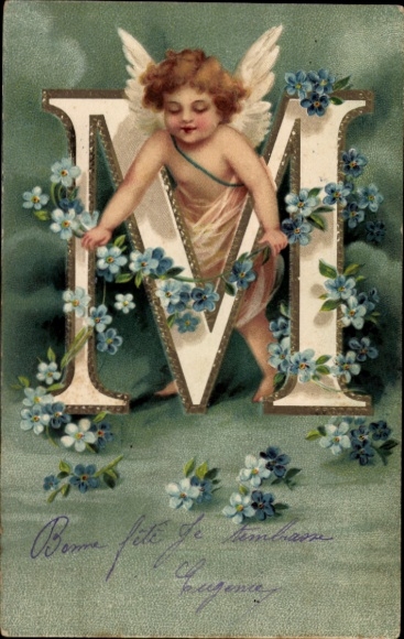 Embossed letters Postcard letter M, forget-me-not, angel