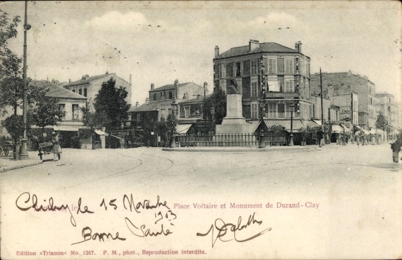 CPA Clichy Hauts-de-Seine, Place Voltaire and Monument de Durand Clay
