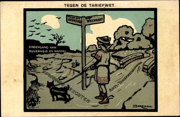 Artist Postcard Jordaan, Against the Tariff Act, Prosperity, To the Abyss, Carikatur