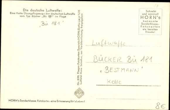 Postcard Bücker Bü 181 Bestmann, chain of Luftwaffe training aircraft