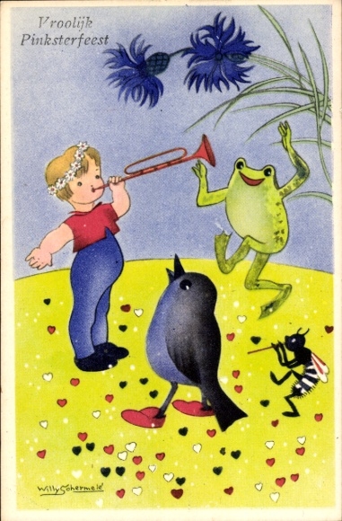 Artist Postcard Schermele, Willy, Happy New Year, dwarf creatures, frog, bird, insect