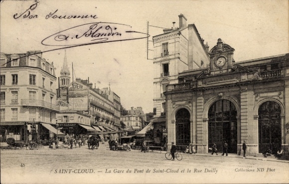 CPA Saint-Cloud Hauts-de-Seine, La Gare du Pont de Saint Cloud and la Rue Dailly