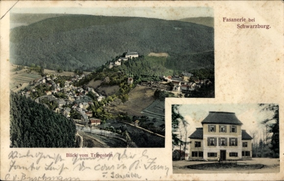 Postcard Schwarzburg in Thuringia, aerial view of Fasanerie, view from Troster, architecture