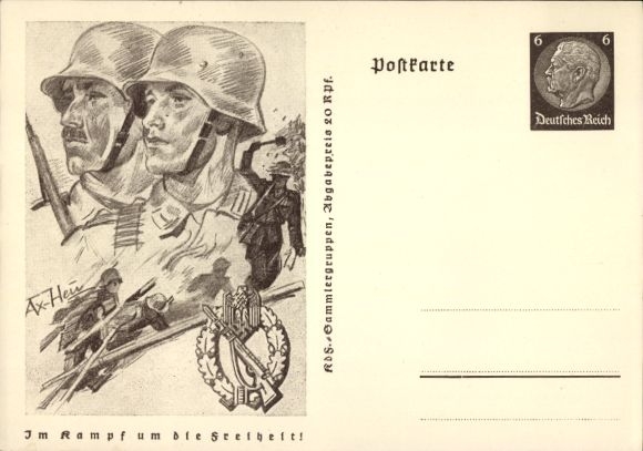 Postal stationery artist PC v. Axster Heudtlaß, W., In the fight for freedom, Wehrmacht, hand grenade