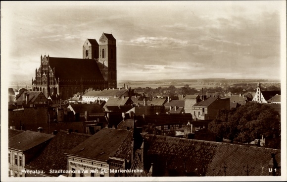 Postcard Prenzlau in der Uckermark, city panorama with St. Mary&#39;s Church