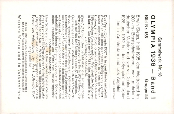 Collector's picture 1936 Olympics, German swimmer Erwin Sietas