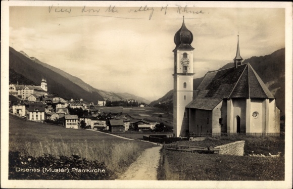 Postcard Disentis Kt. Graubünden, Disentis Parish Church, view of the Rhine Valley, village view