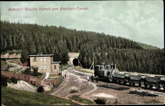 Postcard Blankenburg am Harz, Braune Sumpf station and Bielstein tunnel, rack railway
