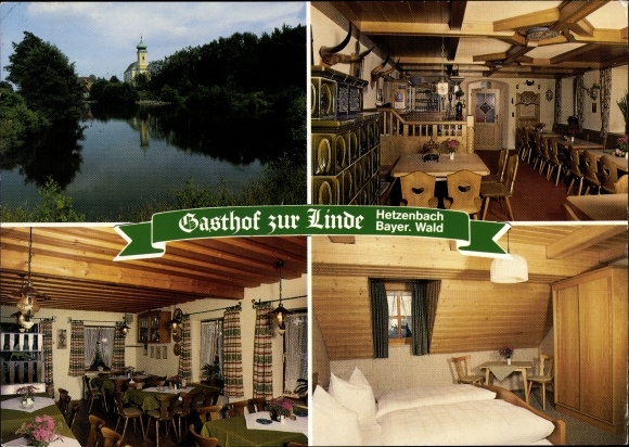 Postcard Hetzenbach Zell Bayern, Gasthof zur Linde, church seen from the water