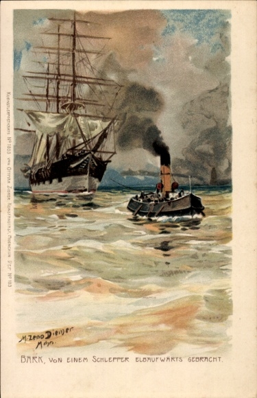 Artist Chromo-Litho Diemer, Zeno, Bark brought up the Elbe by tugboat