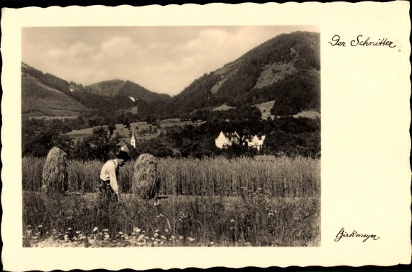 Postcard Brannenburg in Upper Bavaria, a reaper mows grain with a scythe. In the background are...