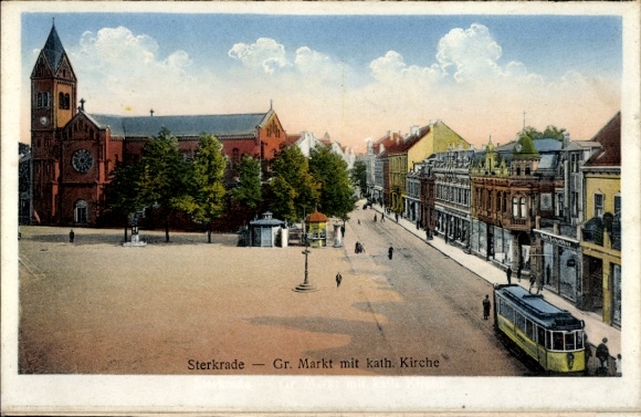 Ak Sterkrade Oberhausen im Ruhrgebiet, Großer Markt, Katholische Kirche, Straßenbahn