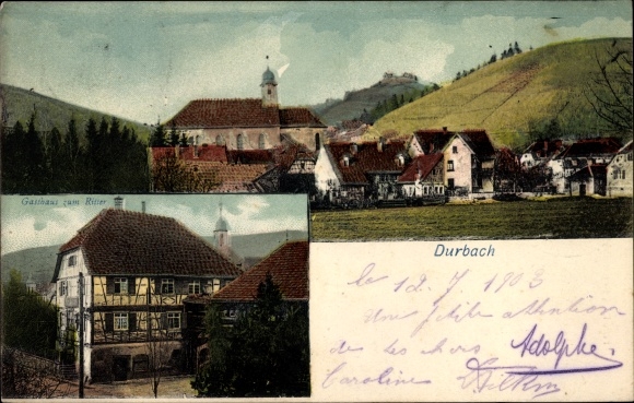 Postcard Durbach in Baden, view of the town, Inn zum Ritter