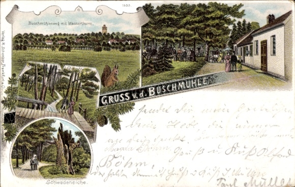 Chromo-Litho Buschmühle Frankfurt an der Oder, Buschmühlenweg with water tower, spring, Swedish oak