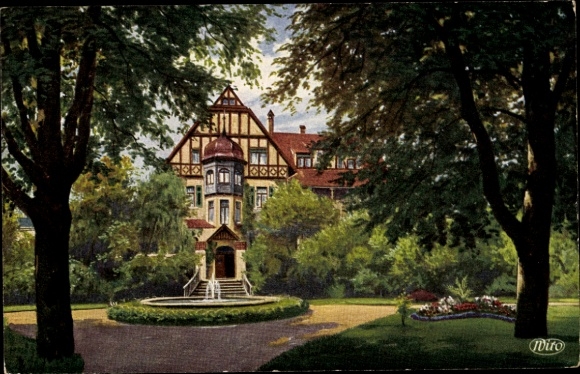 Postcard Bad Überkingen in Baden Württemberg, spa gardens with moated castle