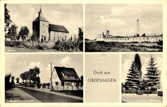 Postcard Obershagen Uetze in Lower Saxony, church, lime works, cenotaph, Möller commercial building