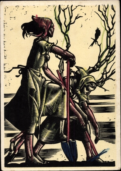 Artist Postcard zum Tobel, Hedwig, The Seasons, Spring, Allegory, Peasants, Spade