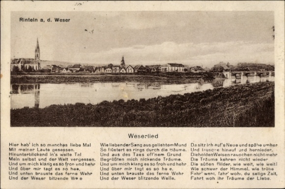 PC Rinteln on the Weser, beautiful landscape, Weser river, with poem, church visible