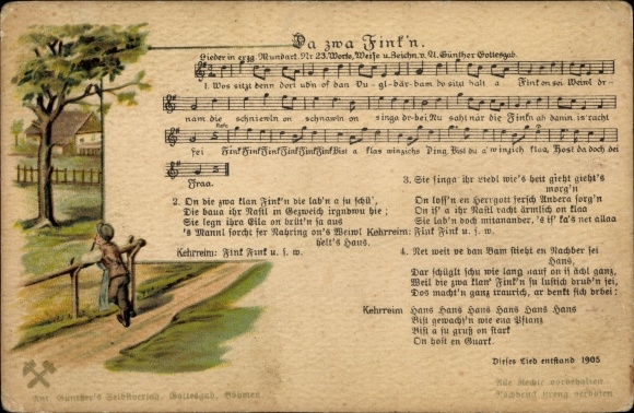 Song Postcard Günther, Anton, Erzgebirge dialect 23, Since two Fink&#39;n