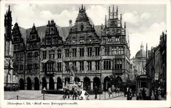 Postcard Münster in Westphalia, view from the Principal Market, Lambertus Fountain, Salt Street, tram