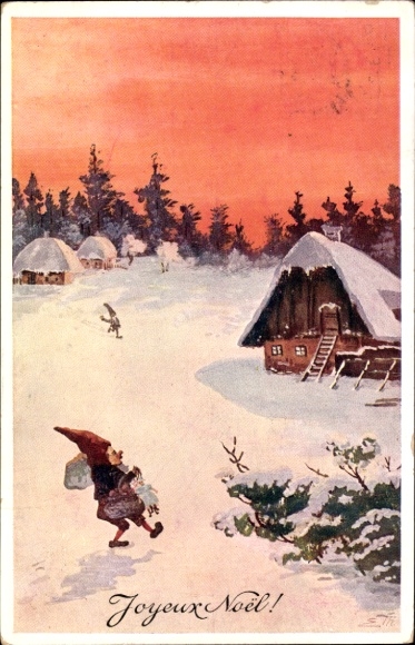 Artist Postcard Merry Christmas, dwarf, snowy village