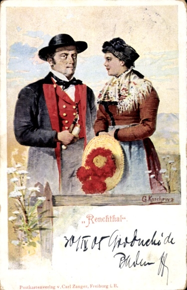 Artist Postcard G. Koschewa, Renchthal, folk costumes Black Forest, couple, straw hat, pipe