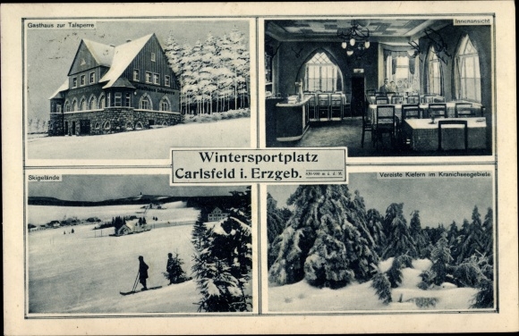 Ak Carlsfeld Eibenstock im Erzgebirge, Gasthaus zur Talsperre, Winter, Skigebiet, Wald am Kranichsee