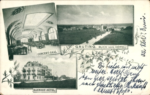 Postcard Gauting in Upper Bavaria, Concert Hall, View from the Hotel, Bahnhof-Hotel