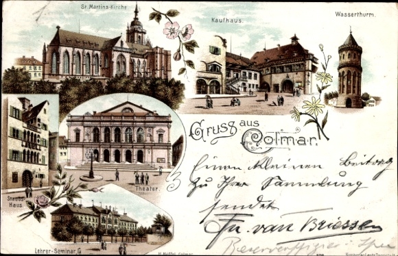 Chromo-Litho Colmar Kolmar Alsace Haut Rhin, department store, theater, water tower, teacher training college