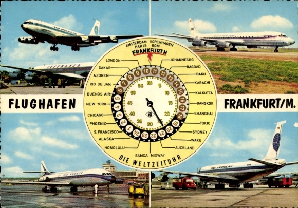 Ak Flughafen Frankfurt am Main, Passagierflugzeuge Air France, Pan American, Weltzeituhr