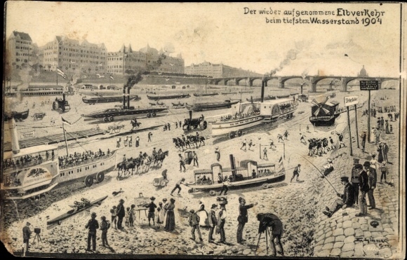Artist Postcard Dresden, resumption of shipping traffic on the Elbe, lowest water level 1904