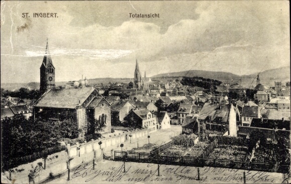 Ak Schüren St. Ingbert im Saarland, Totalansicht von  Kirche im Vordergrund, Stadtansicht