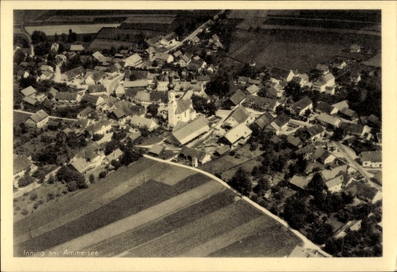 Postcard Inning am Ammersee Upper Bavaria, aerial view of Inning, church, houses, fields