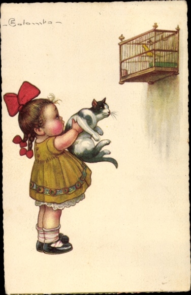 Artist PC Colombo, E., child shows cat birdcage