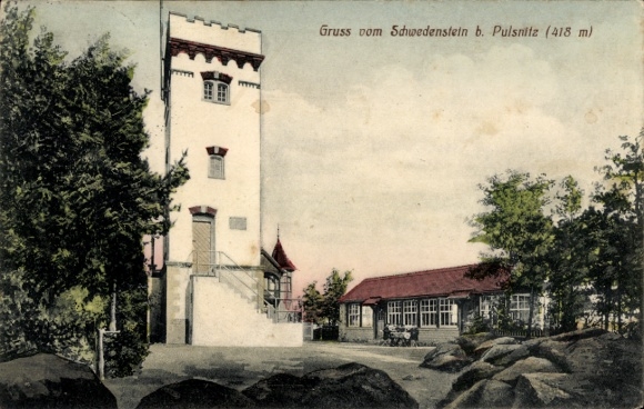 Ak Schwedenstein bij Pulsnitz, torengebouw, pension, rotsen, groeten uit Schwedenstein bij Pulsnitz