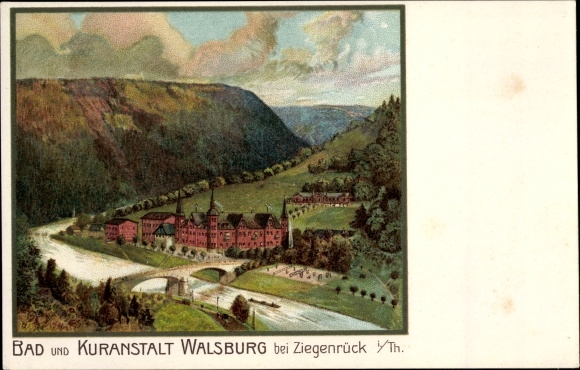 Chromo-Litho Walsburg Eßbach Thuringia, view of the bath and sanatorium, river, bridge, forest