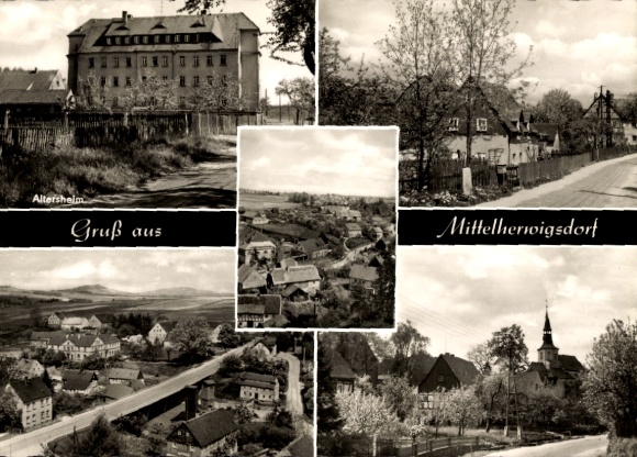 Postcard Mittelherwigsdorf in Upper Lusatia, retirement home, church, panorama