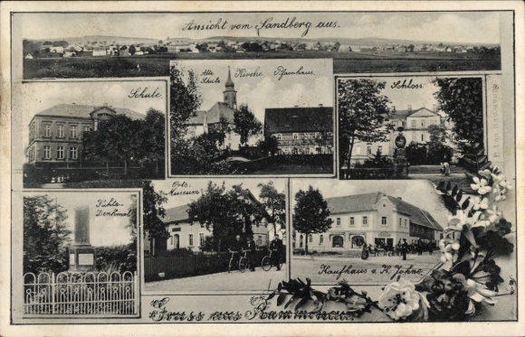 Ak Rammenau Sachsen, Schule, Kirche, Pfarrhaus, Schloss, Museum, Kaufhaus K. Johne, Denkmal