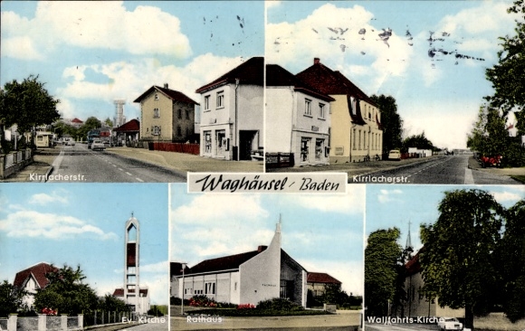Postcard Waghäusel in Baden, Kirrlachstraße, Protestant church, town hall, pilgrimage church
