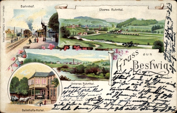 Chromo-Litho Bestwig in Sauerland, train station, upper Ruhr valley, lower Ruhr valley, train station hotel