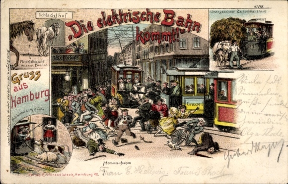 Chromo-Litho Hamburg, electric train arrives, tram, traffic accident
