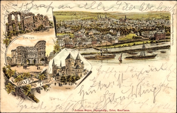 Chromo-Litho Trier on the Moselle, town view, Porta Nigra, cathedral