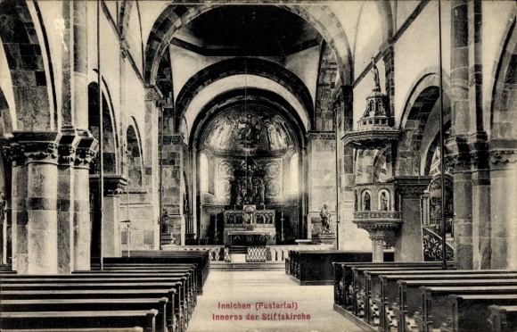Postcard Innichen San Candido South Tyrol, interior of the collegiate church, pews, altar