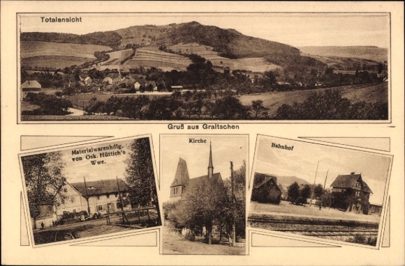 Postcard Graitschen near Bürgel Thuringia, general view, train station, church, shop