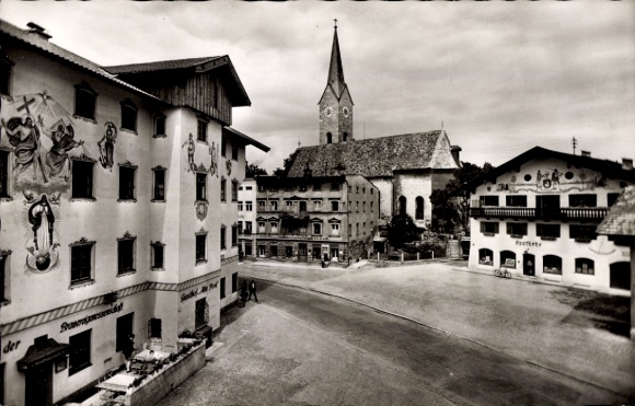 Postcard Holzkirchen in Upper Bavaria, market square, church