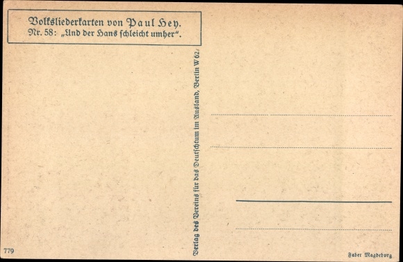 Song artist PC Hey, Paul, folk song card no. 58, And Hans sneaks around, chickens