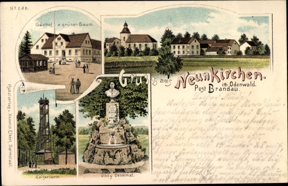 Litho Neunkirchen in het Odenwald Modautal, Gasthof zum Grüne Baum, Kaiserturm, monument, kerk