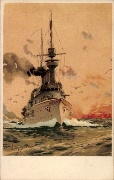 Artist Chromo-Litho Stöwer, W., German warship, SM cruiser Hertha, reconnaissance ship